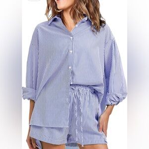 Exlura Striped Tie-Front Shirt in Light Blue & White